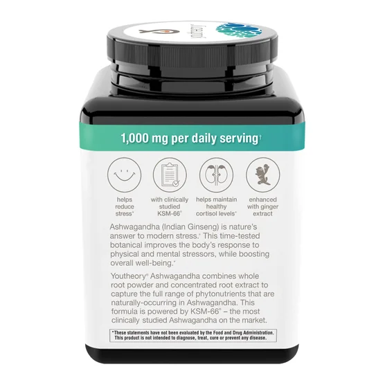 Youtheory Ashwagandha 1000 mg, 180 Vegetarian Capsules - Image 4