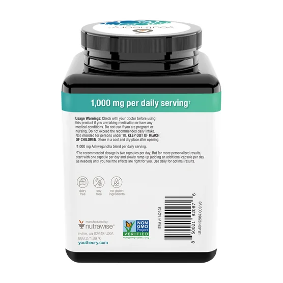 Youtheory Ashwagandha 1000 mg, 180 Vegetarian Capsules - Image 3