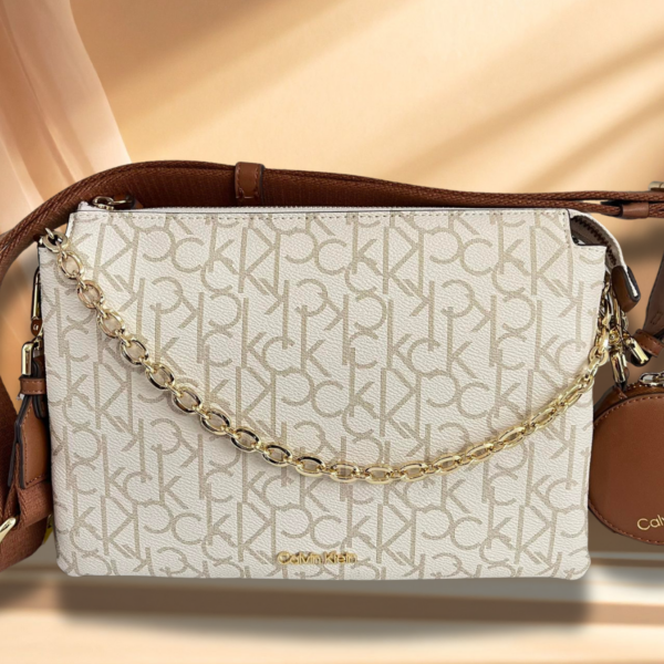 Calvin Klein Monogram Crossbody Bag Leather Khaki/Vanilla With Coin Purse