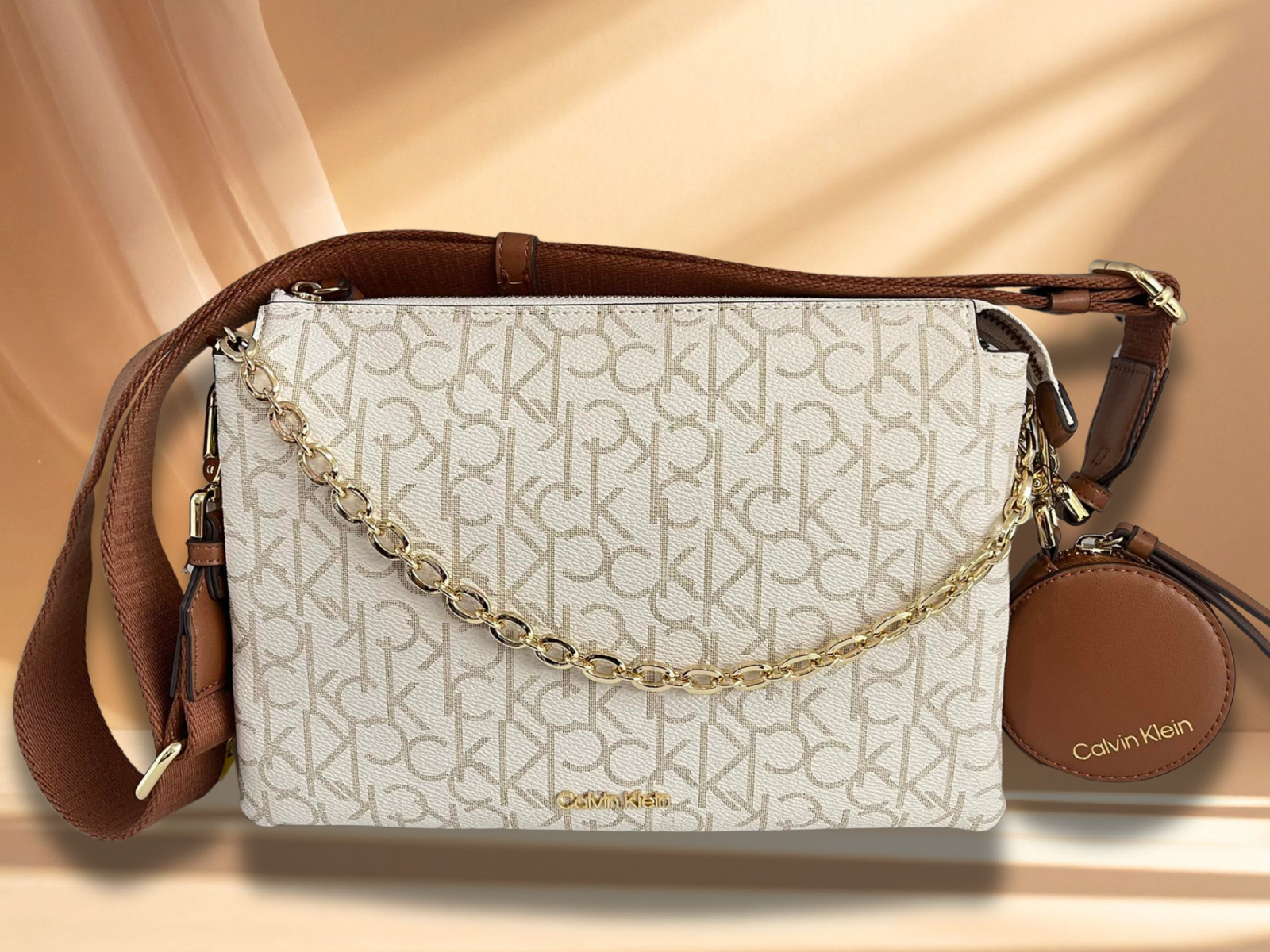 Calvin Klein Monogram Crossbody Bag Leather Khaki/Vanilla With Coin Purse