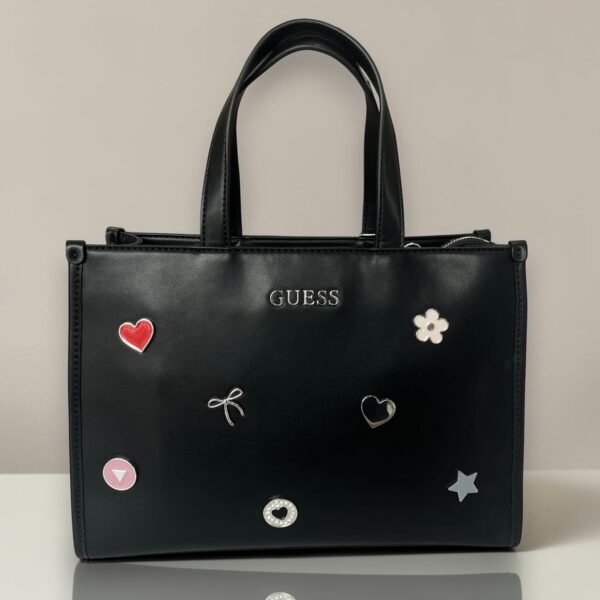Guess Satchel Bag Leather Black Multi Francis With Leather Strap