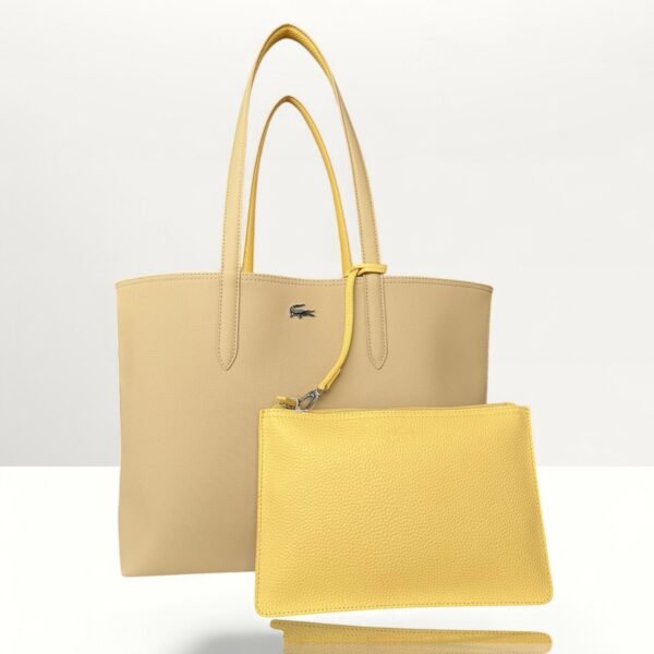 Lacoste Reversible Tote Bag Cream and Yellow colorway with  a Removable Pouch.