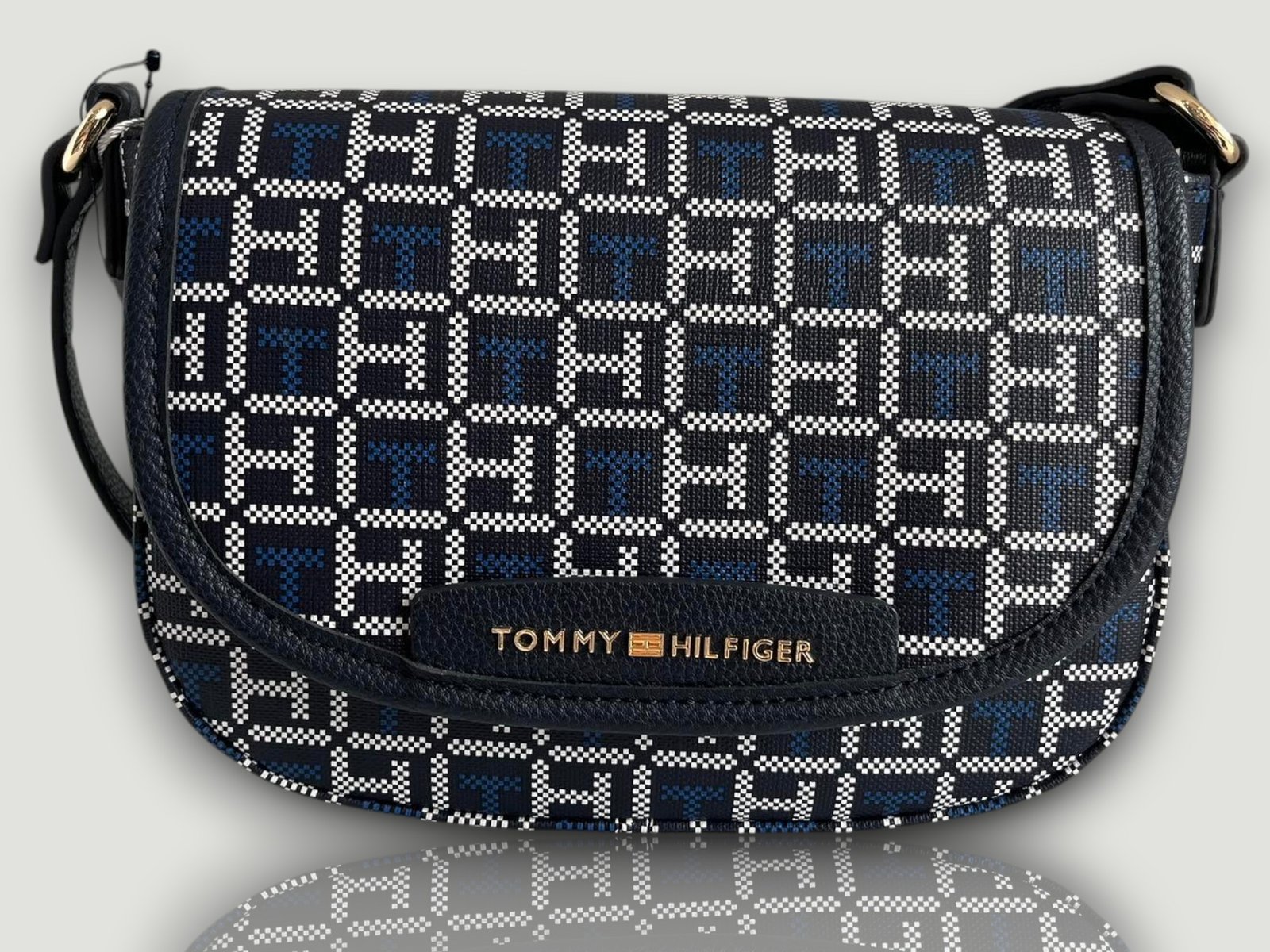 Tommy Hilfiger Flap Sling Bag Navy Leather Printed TH - Image 2