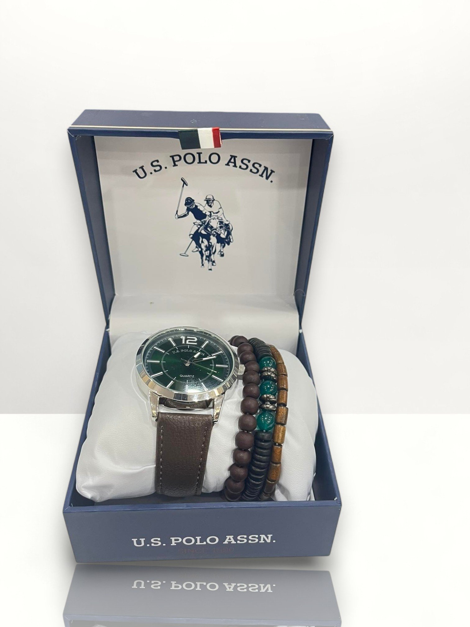 US Polo Assn. Men's Watches Dial Green Brown Leather Strap With Beads Bracelet - Image 2