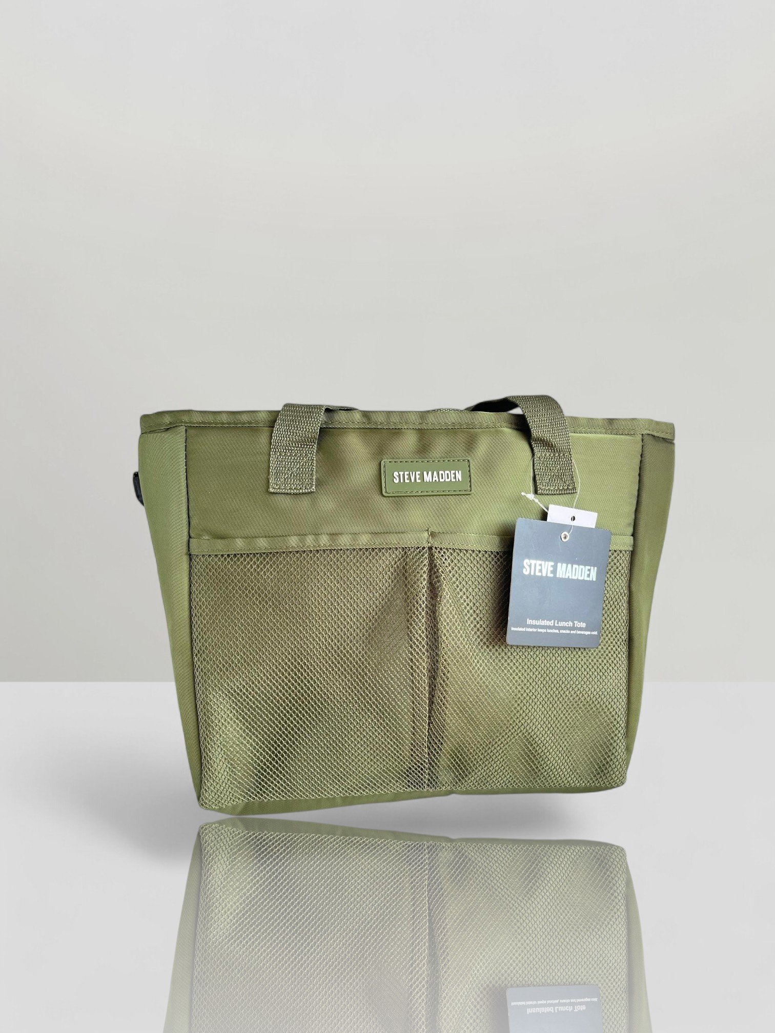 Steve Madden Olive Green Lunch Tote Bag with Mesh Front Pockets.