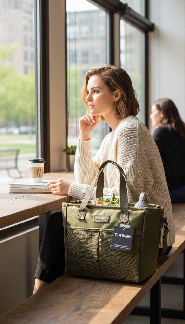 Steve Madden Olive Green Lunch Tote Bag with Mesh Front Pockets. - Image 4