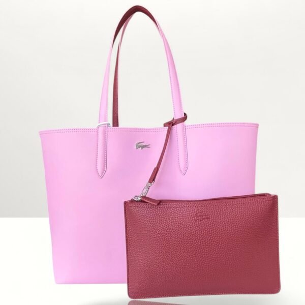 Lacoste Reversible Tote Bag Pink and Burgundy with a Detachable Pouch.