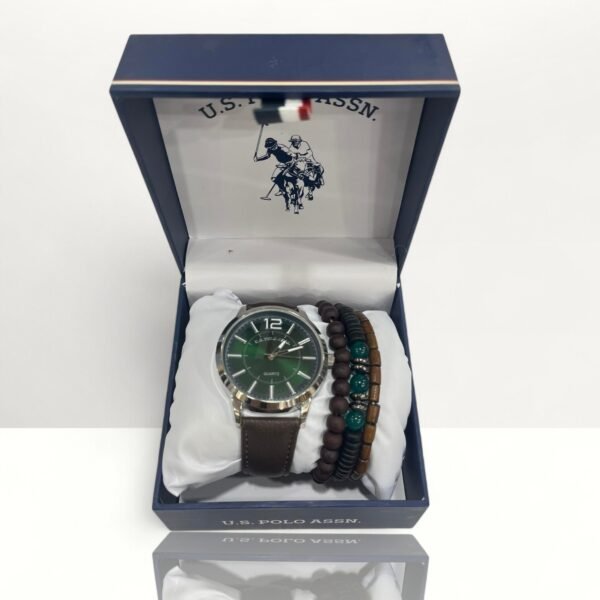 US Polo Assn. Men's Watches Dial Green Brown Leather Strap With Beads Bracelet