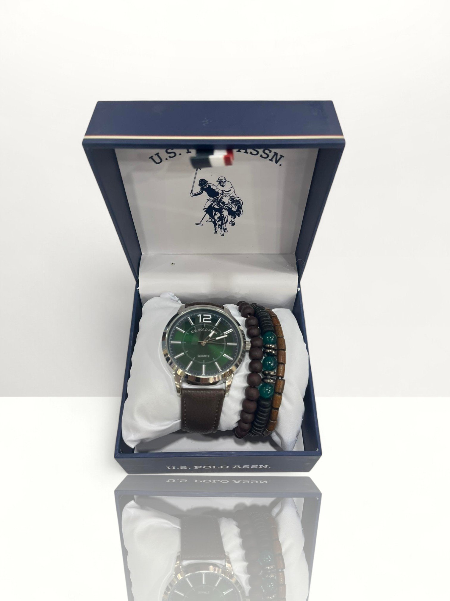 US Polo Assn. Men's Watches Dial Green Brown Leather Strap With Beads Bracelet