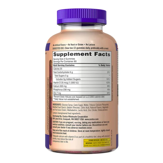 Kirkland Signature Calcium 500 mg with D3 & Zinc, 240 Adult Gummies - Image 2