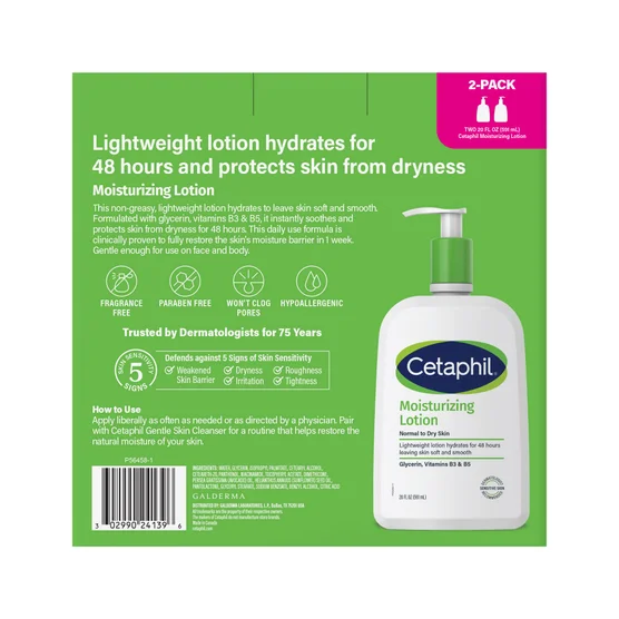 Cetaphil Moisturizing Lotion, Dry to Normal Sensitive Skin, 20 fl oz, 2-count - Image 2