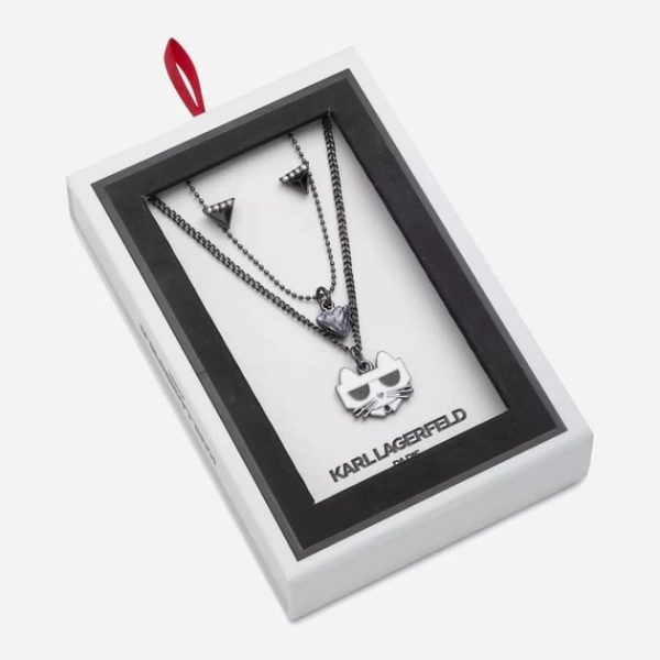 Karl Lagerfeld White & Gunmetal Cat Layered Necklace with Studs Item #5050