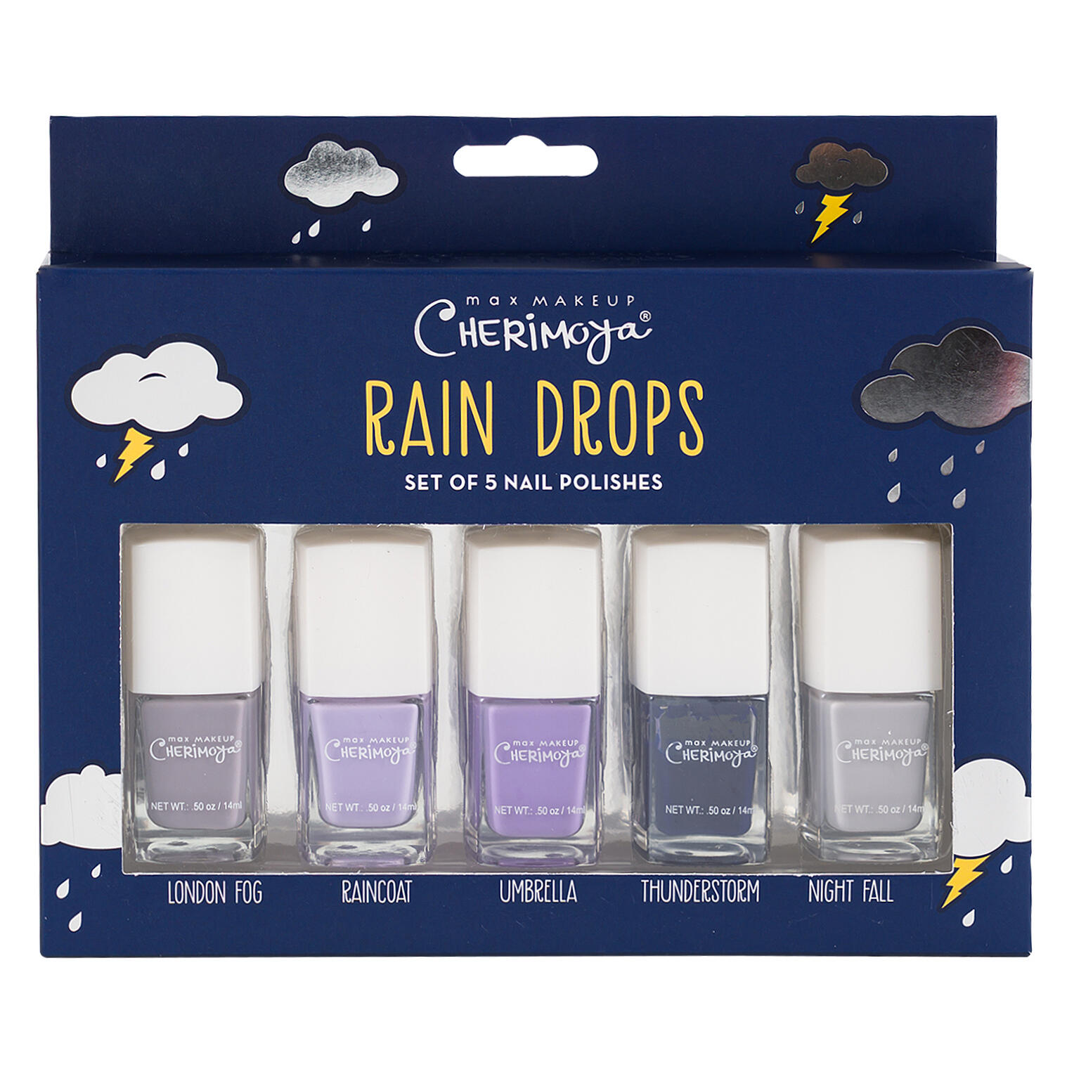 Max Makeup Cherimoya Rain Drops 5-Piece Nail Polish Set 50 Oz/ 14mL. Item 0005