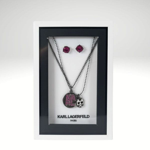 KARL LAGERFELD Layered Necklace and Earrings Set with Deep Magenta/Pink Stones NIB Item #5049