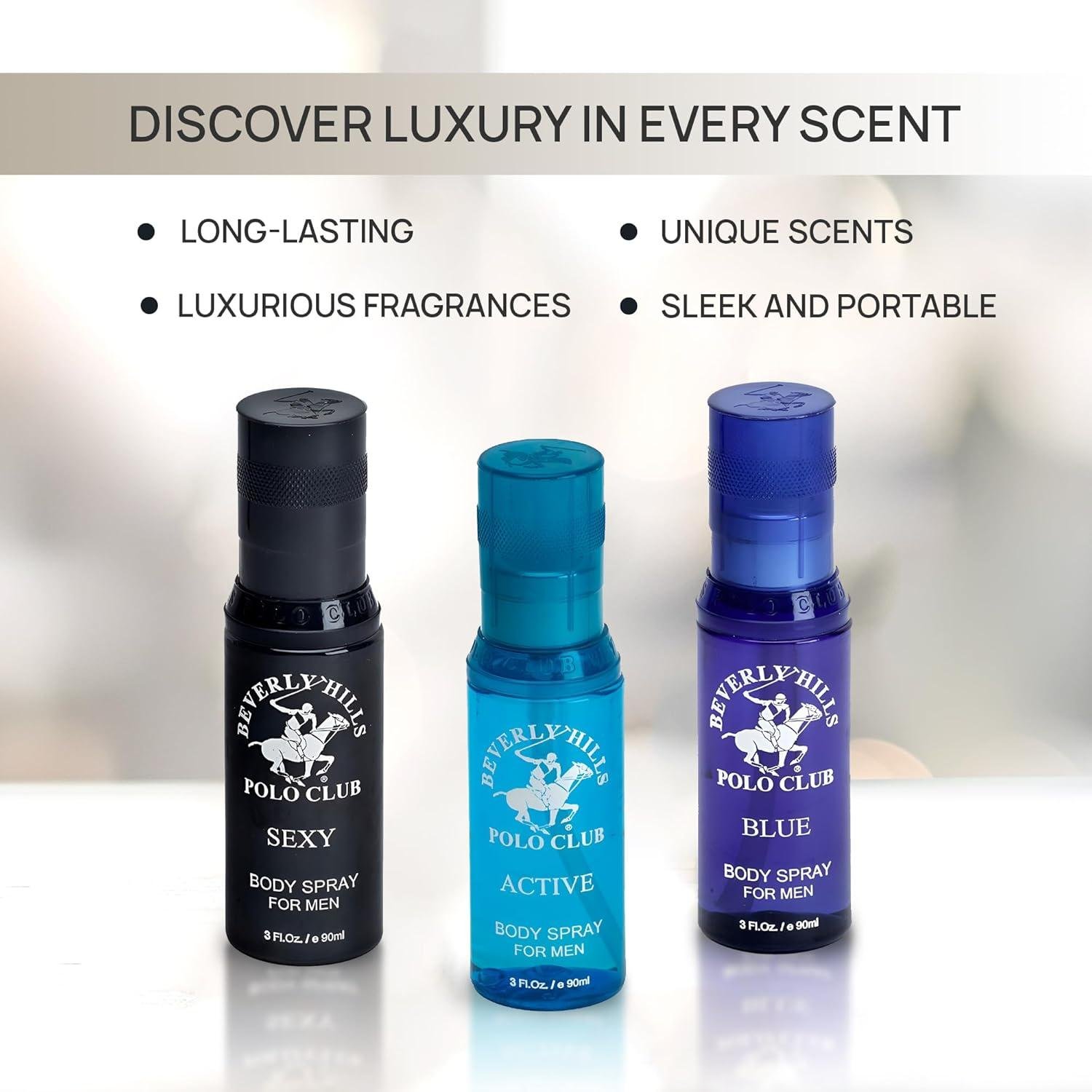 Beverly Hills Polo Club Men's Signature Body Spray Collection 3-Piece Gift Set. Active, Sexy, Blue - Image 2