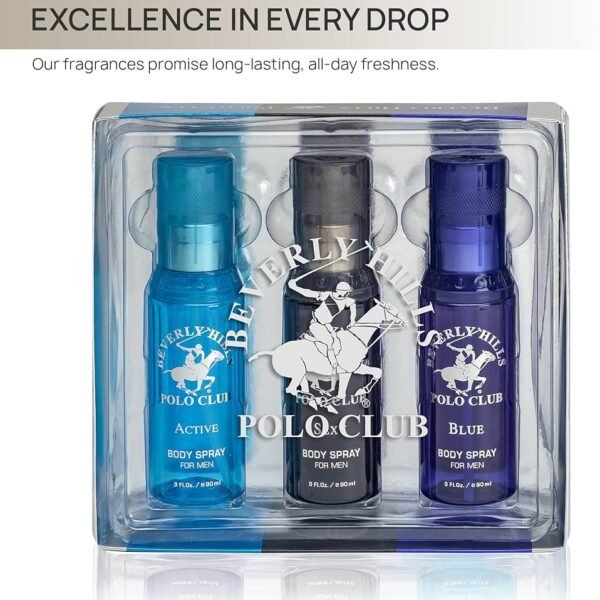 Beverly Hills Polo Club Men's Signature Body Spray Collection 3-Piece Gift Set. Active, Sexy, Blue
