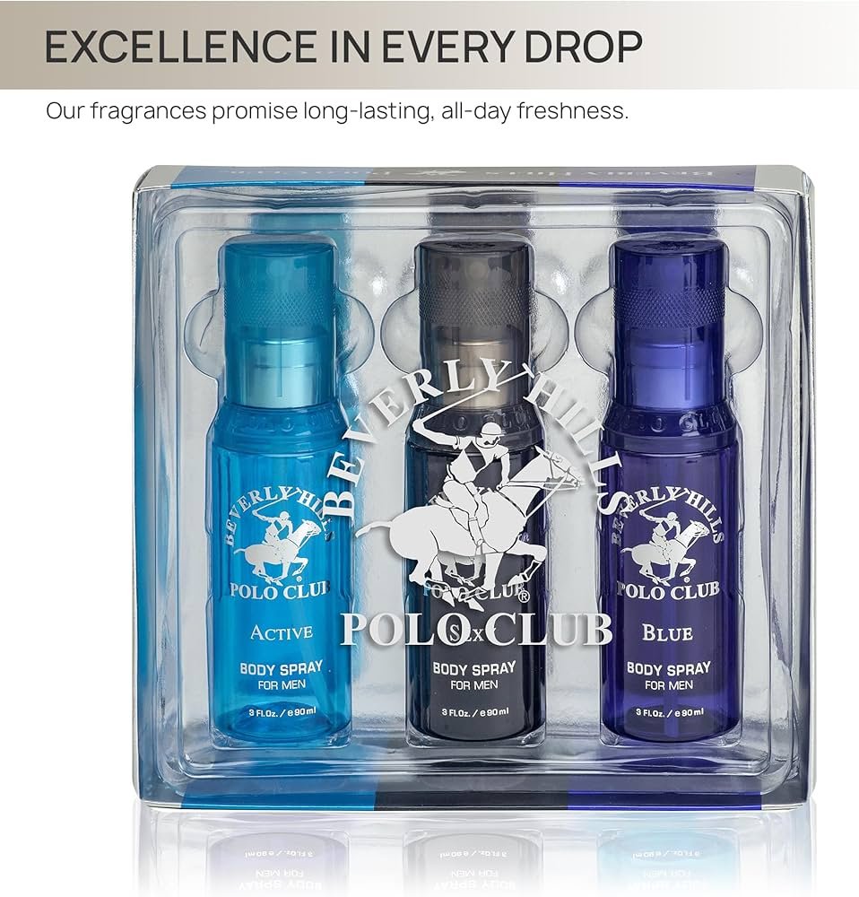 Beverly Hills Polo Club Men's Signature Body Spray Collection 3-Piece Gift Set. Active, Sexy, Blue