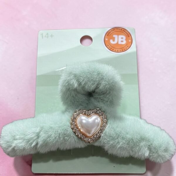 14+ JAW CLIP FASHION FUR/PEARL HEART GREEN 	FJ-777HG