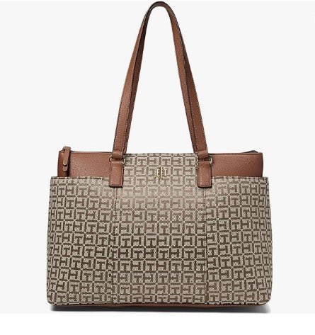 Tommy Hilfiger Evelyn II Square Tote Bag Monogram Jacquard Design-Brown