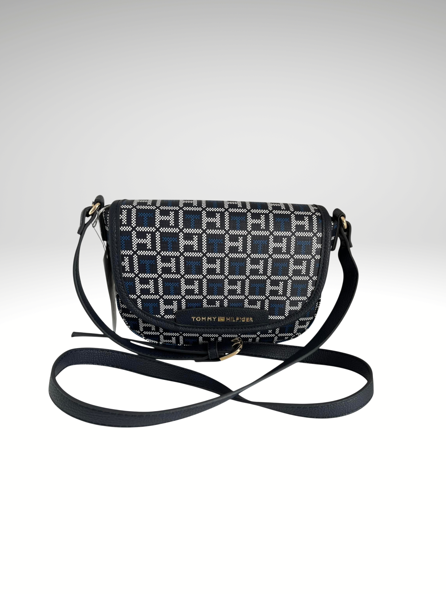 Tommy Hilfiger Flap Sling Bag Navy Leather Printed TH